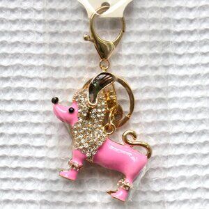 NWT Pink Poodle Gold Metal Rhinestone Keychain